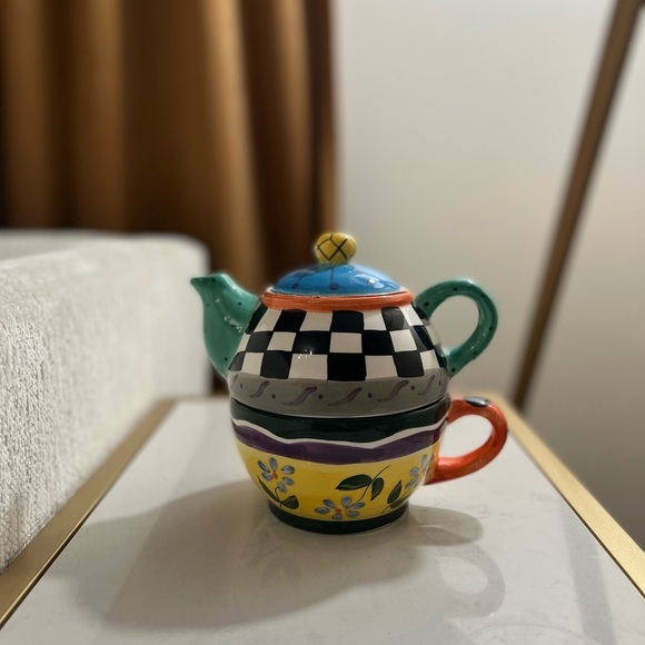 New Multicolor Hand-painted Tea Pot and Tea Cup Set - Picture 2 of 8